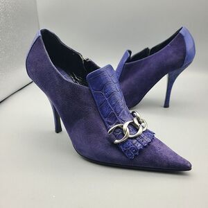 CASADEI High Heel Shoes Pointy Toe Purple Suede Chain Zip Bootie Women Sz 6.5